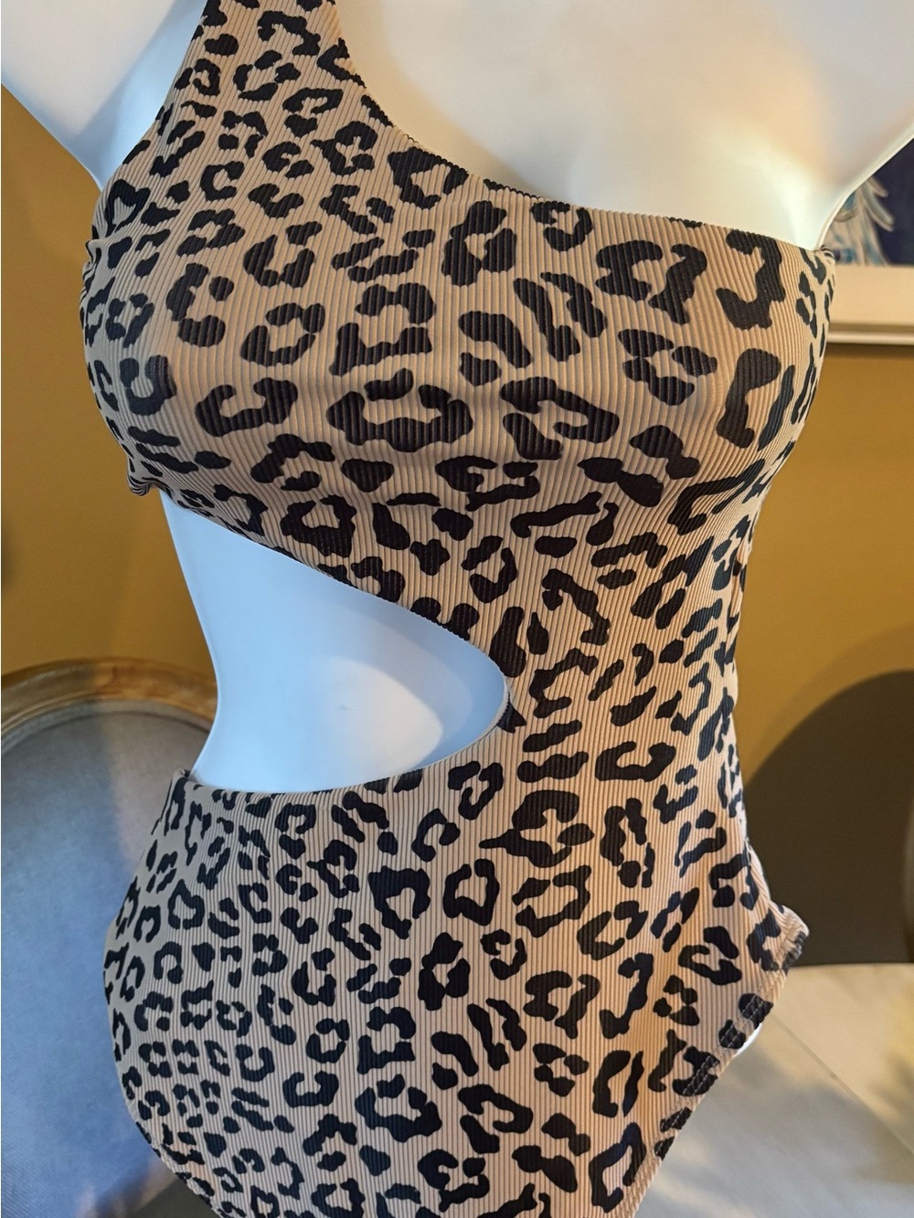 Beach Riot Leopard Print One-Shoulder Cutout One-Piece Swimsuit - Tan & Black